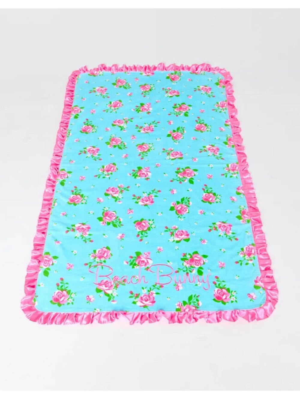 BEACH BUNNY SKY BLUE GARDEN FLORAL PINK SATIN RUFFLE TRIM TOWEL 70 x 39